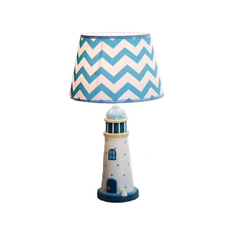 Cartoon Style Fabric Cone Table Lamp 14/18 Wide 1 Light Blue/White Stand Up Resin Tower Base