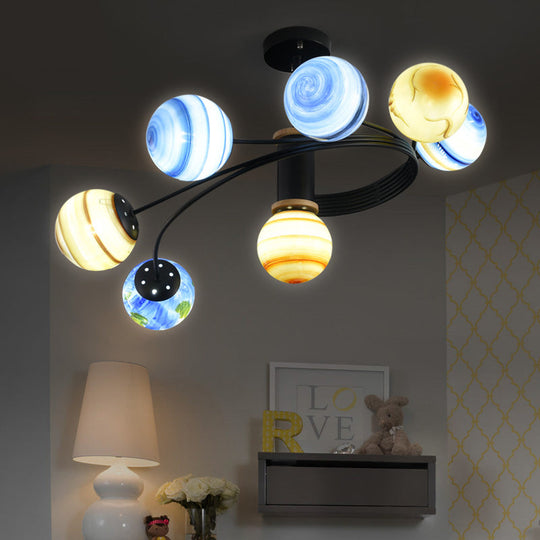 Modern Metal Chandelier with Handblown Glass Shades - 7-Light Semi-Flush Ceiling Light in Black