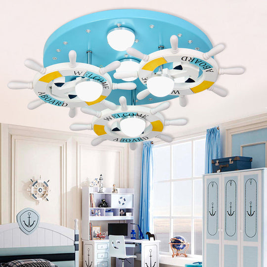 Nautical Blue 7-Light Ceiling Mount Chandelier with Rudder Wood Shade