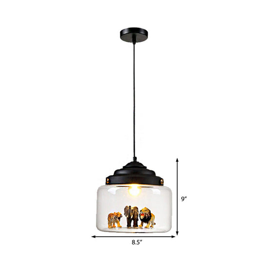 Modernist Black Dining Room Pendant Light With Clear Glass Drum Shade