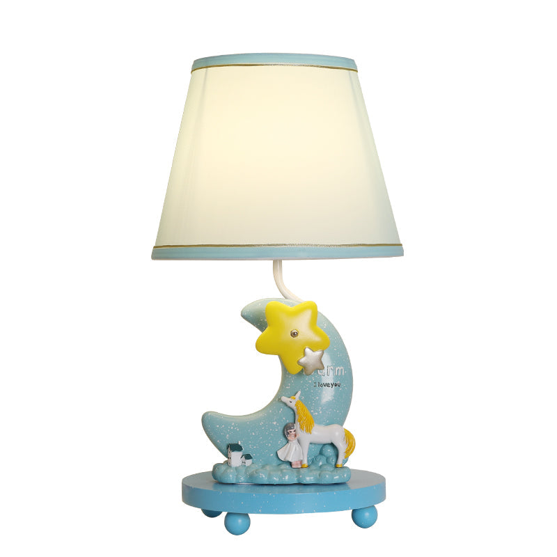 Stylish Blue Fabric Cone Table Lamp With Moon And Star Design