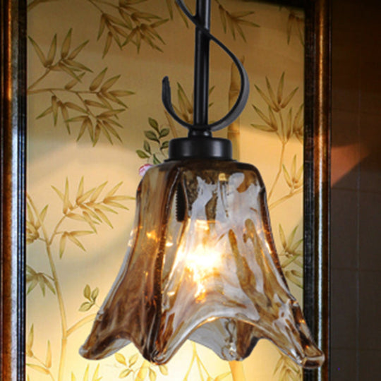 Traditional Tan Textured Glass Hanging Light With Flower Design - Black Pendant Lighting For Dining