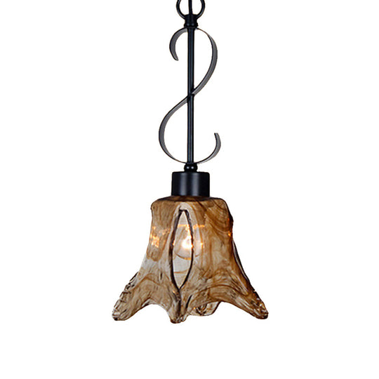 Traditional Tan Textured Glass Hanging Light With Flower Design - Black Pendant Lighting For Dining