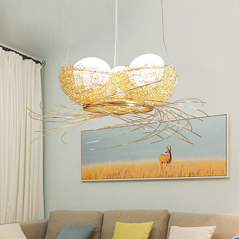 Art Deco White Glass Egg Chandelier Pendant - 3-Light Hanging Ceiling Lamp In Brass And Aluminum