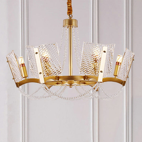 Sleek Beaded Pendant Crystal Chandelier 6/8 Heads Brass Finish Stylish Living Room Hanging Lamp