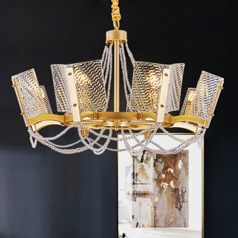 Simplicity Crystal Chandelier with Beaded Pendant - Brass Finish, 6/8 Heads - Ideal for Living Room - Panel Shade Included