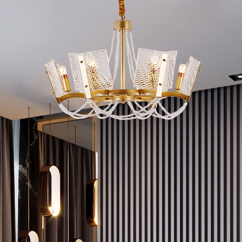 Simplicity Crystal Chandelier with Beaded Pendant - Brass Finish, 6/8 Heads - Ideal for Living Room - Panel Shade Included