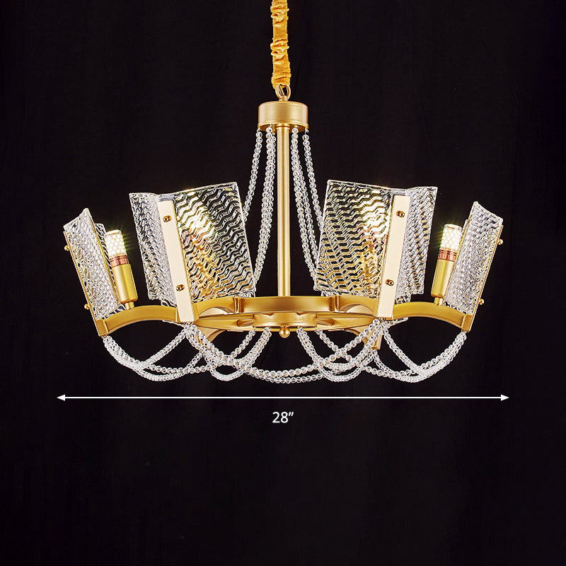 Simplicity Crystal Chandelier with Beaded Pendant - Brass Finish, 6/8 Heads - Ideal for Living Room - Panel Shade Included