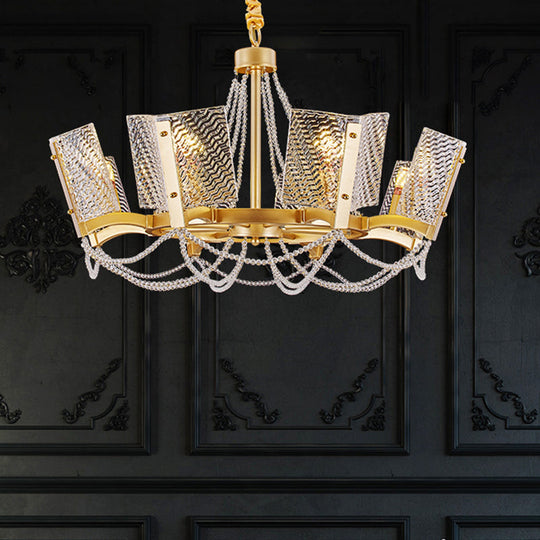 Simplicity Crystal Chandelier with Beaded Pendant - Brass Finish, 6/8 Heads - Ideal for Living Room - Panel Shade Included