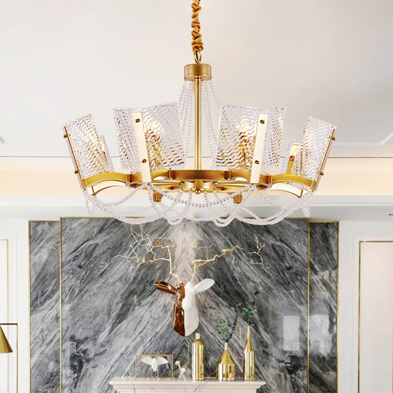 Simplicity Crystal Chandelier with Beaded Pendant - Brass Finish, 6/8 Heads - Ideal for Living Room - Panel Shade Included