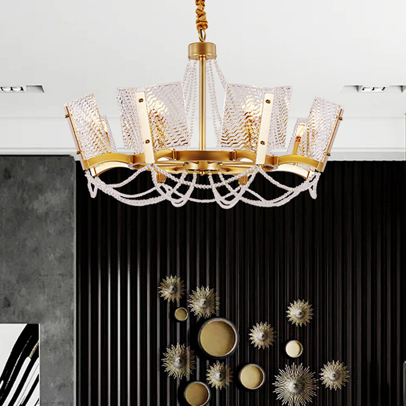 Simplicity Crystal Chandelier with Beaded Pendant - Brass Finish, 6/8 Heads - Ideal for Living Room - Panel Shade Included