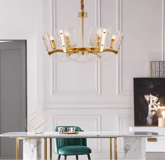 Simplicity Crystal Chandelier with Beaded Pendant - Brass Finish, 6/8 Heads - Ideal for Living Room - Panel Shade Included