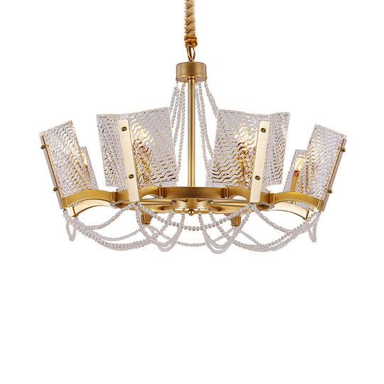 Simplicity Crystal Chandelier with Beaded Pendant - Brass Finish, 6/8 Heads - Ideal for Living Room - Panel Shade Included