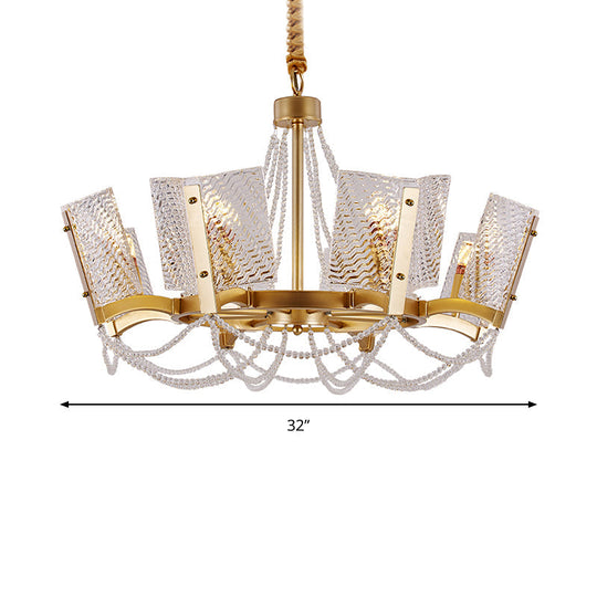 Simplicity Crystal Chandelier with Beaded Pendant - Brass Finish, 6/8 Heads - Ideal for Living Room - Panel Shade Included