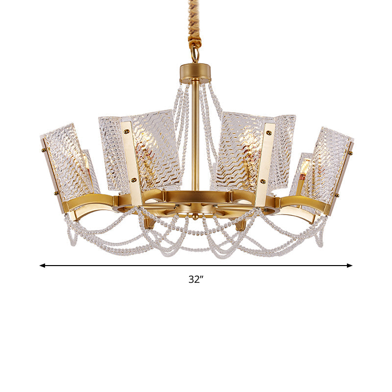 Sleek Beaded Pendant Crystal Chandelier 6/8 Heads Brass Finish Stylish Living Room Hanging Lamp