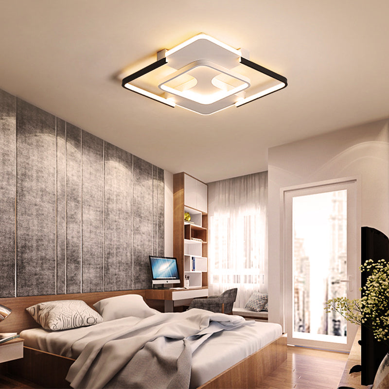 Contemporary Black-White Metal Flush Light For Bedroom Ceiling - 16/19.5 Wide Led In Warm Or White