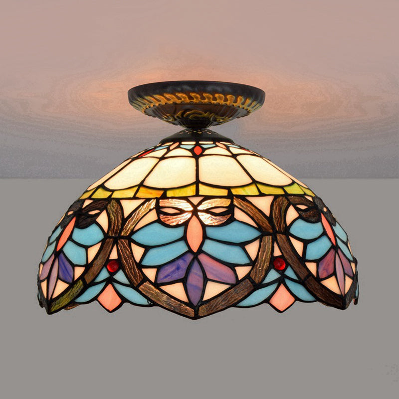 Victorian Flower Cut Glass Brass Ceiling Light with Globe/Dome Shade - 8.5"/12"W Flush Mount Fixture