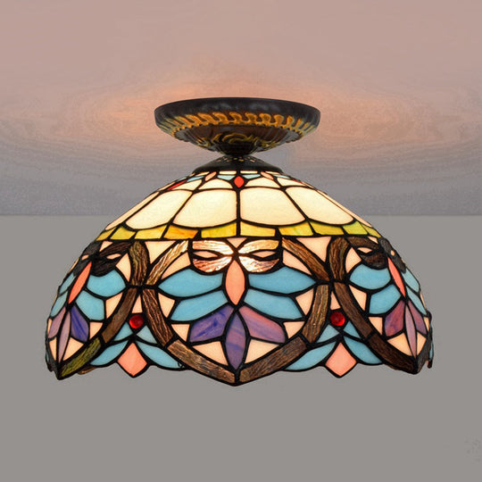 Victorian Flower Cut Glass Brass Ceiling Light With Globe/Dome Shade - 8.5/12W Flush Mount Fixture