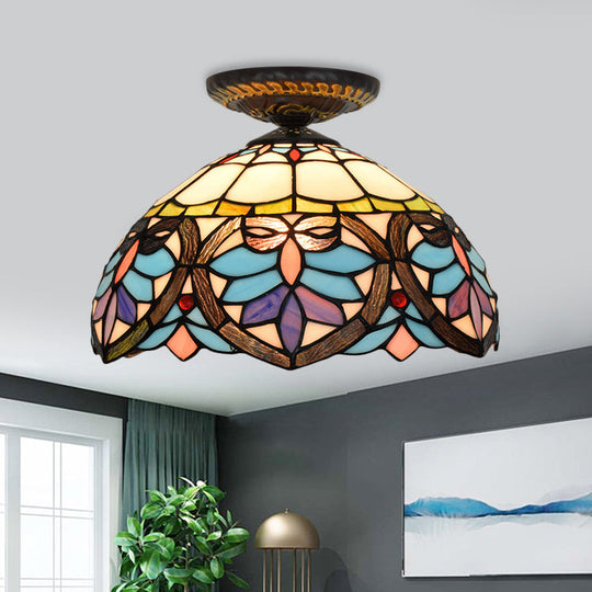 Victorian Flower Cut Glass Brass Ceiling Light with Globe/Dome Shade - 8.5"/12"W Flush Mount Fixture