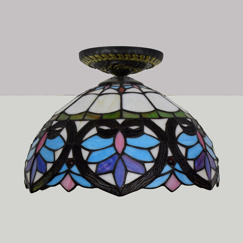 Victorian Flower Cut Glass Brass Ceiling Light with Globe/Dome Shade - 8.5"/12"W Flush Mount Fixture