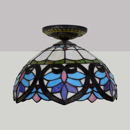 Victorian Flower Cut Glass Brass Ceiling Light With Globe/Dome Shade - 8.5/12W Flush Mount Fixture