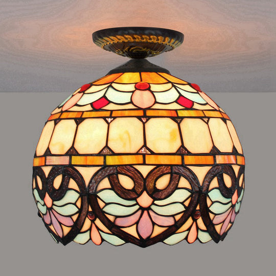 Victorian Flower Cut Glass Brass Ceiling Light with Globe/Dome Shade - 8.5"/12"W Flush Mount Fixture