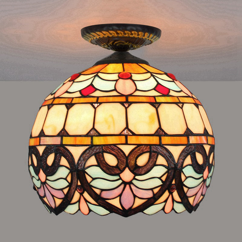 Victorian Flower Cut Glass Brass Ceiling Light With Globe/Dome Shade - 8.5/12W Flush Mount Fixture /