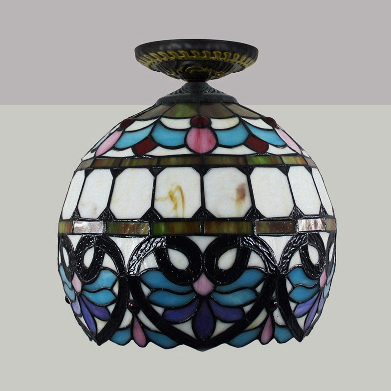 Victorian Flower Cut Glass Brass Ceiling Light With Globe/Dome Shade - 8.5/12W Flush Mount Fixture