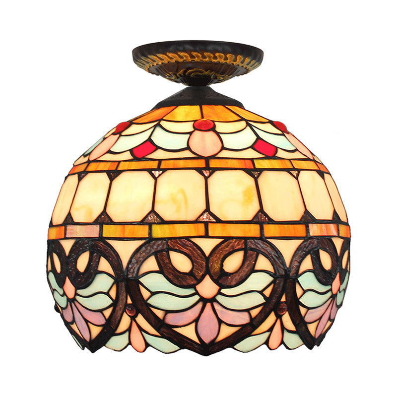 Victorian Flower Cut Glass Brass Ceiling Light With Globe/Dome Shade - 8.5/12W Flush Mount Fixture