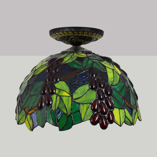 Victorian Domed Flush Ceiling Light - Brass With Grape Pattern 12/16.5 Width Stained Glass 1-Light