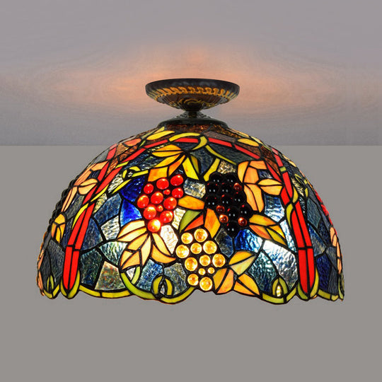 Plafonnier encastré en forme de dôme de style victorien - Laiton avec motif de raisin - Largeur 12"/16,5" - Vitrail - Luminaire à 1 ampoule