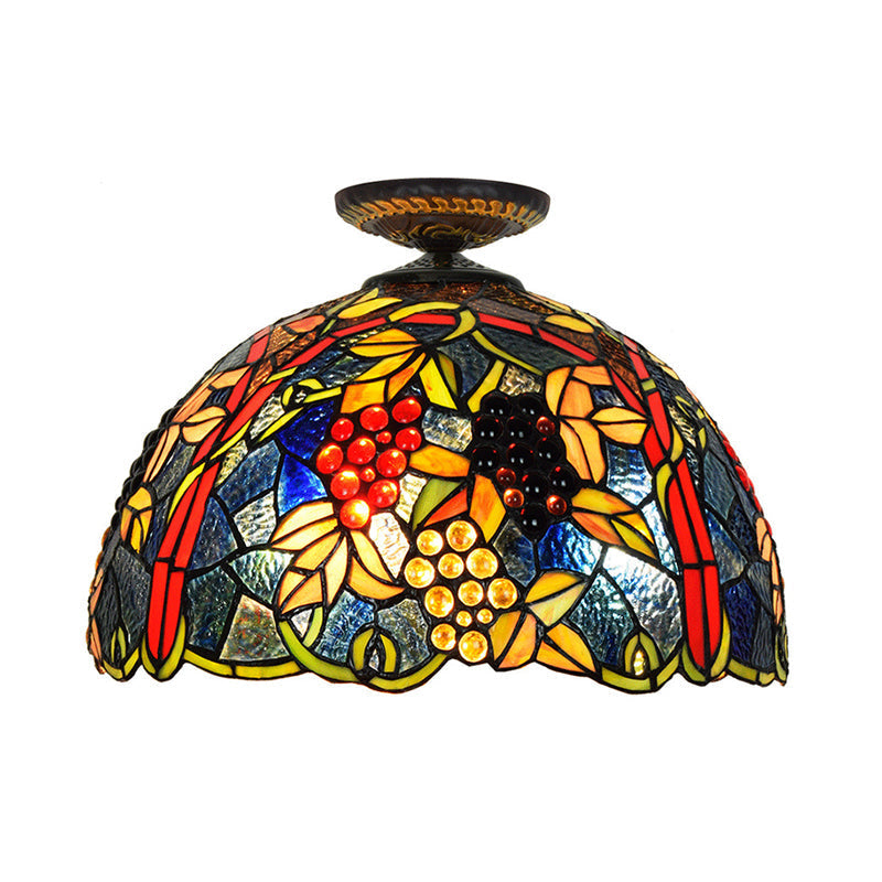 Plafonnier encastré en forme de dôme de style victorien - Laiton avec motif de raisin - Largeur 12"/16,5" - Vitrail - Luminaire à 1 ampoule