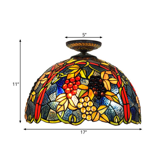 Plafonnier encastré en forme de dôme de style victorien - Laiton avec motif de raisin - Largeur 12"/16,5" - Vitrail - Luminaire à 1 ampoule