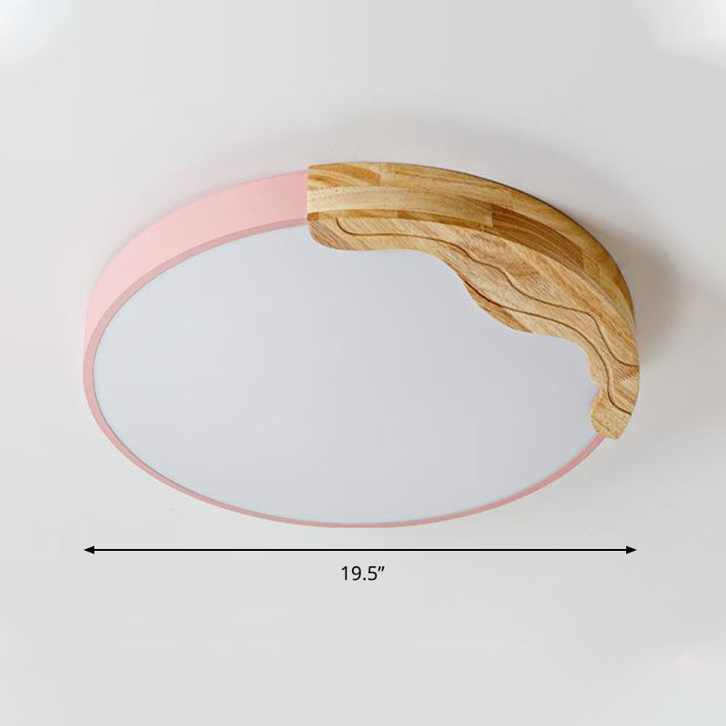 Modern Macaron Style Acrylic Led Ceiling Light With Wooden Deco - Pink Circular Flush Mount Lamp