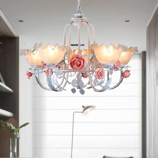 Opal Glass Ceiling Lamp With Gooseneck Arm Korean Flower Pendant Chandelier For Bedroom -