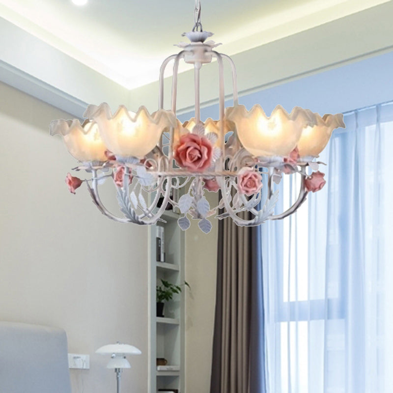 Opal Glass Ceiling Lamp With Gooseneck Arm Korean Flower Pendant Chandelier For Bedroom -