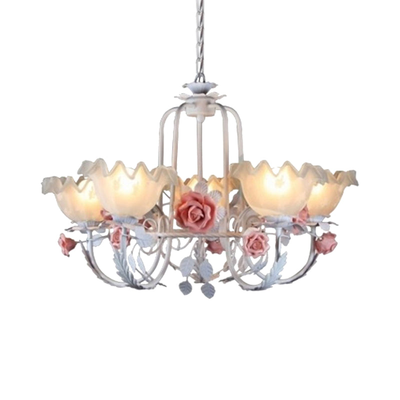 Opal Glass Ceiling Lamp With Gooseneck Arm Korean Flower Pendant Chandelier For Bedroom -