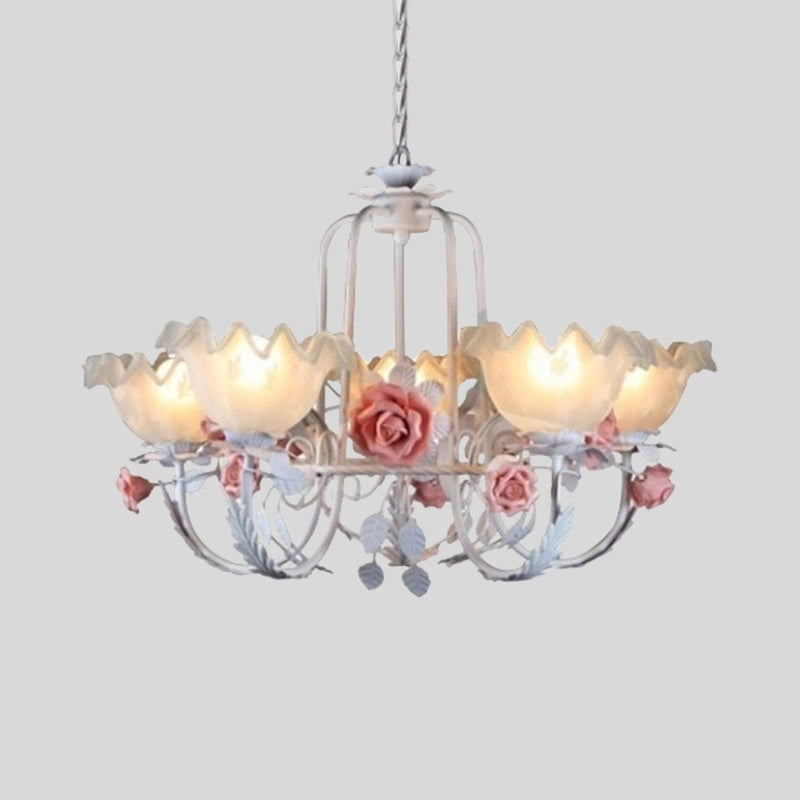 Opal Glass Ceiling Lamp With Gooseneck Arm Korean Flower Pendant Chandelier For Bedroom -