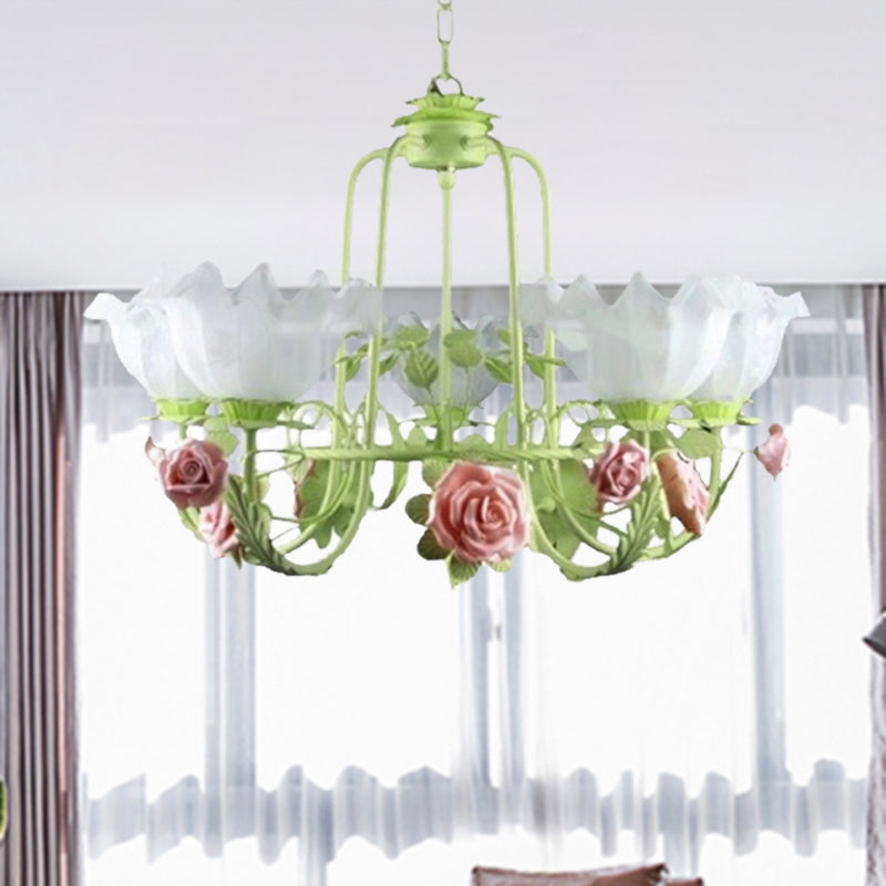 Opal Glass Ceiling Lamp With Gooseneck Arm Korean Flower Pendant Chandelier For Bedroom -