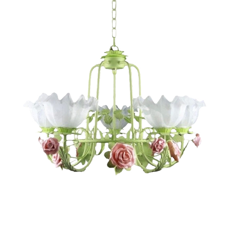 Opal Glass Ceiling Lamp With Gooseneck Arm Korean Flower Pendant Chandelier For Bedroom -