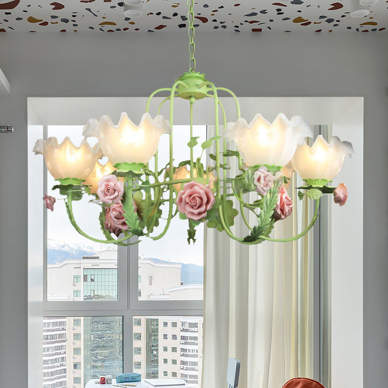 Opal Glass Ceiling Lamp With Gooseneck Arm Korean Flower Pendant Chandelier For Bedroom -