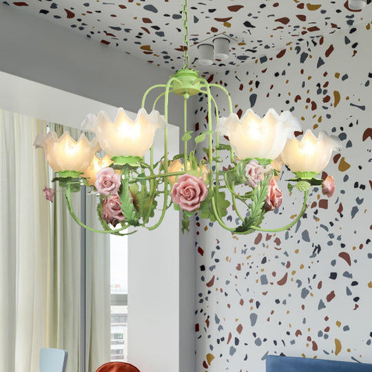 Opal Glass Ceiling Lamp With Gooseneck Arm Korean Flower Pendant Chandelier For Bedroom -