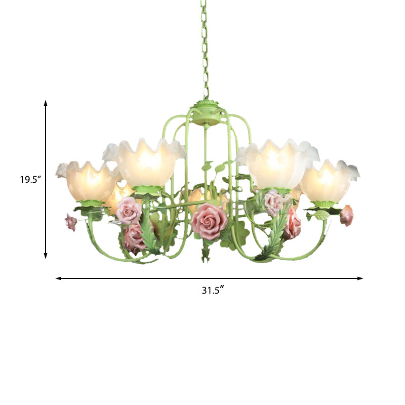 Opal Glass Ceiling Lamp With Gooseneck Arm Korean Flower Pendant Chandelier For Bedroom -