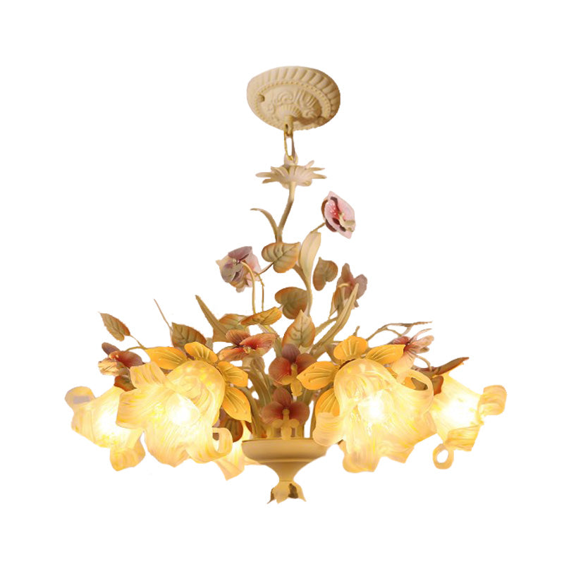 White Glass Chandelier With Flower And Leaf Decor For Countryside Charm - 3/6 Bulb Pendant Bedroom