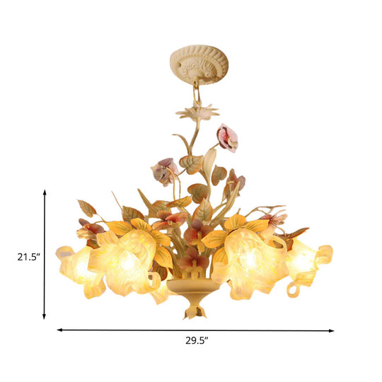 White Glass Chandelier With Flower And Leaf Decor For Countryside Charm - 3/6 Bulb Pendant Bedroom