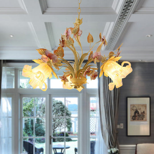 White Glass Chandelier With Flower And Leaf Decor For Countryside Charm - 3/6 Bulb Pendant Bedroom