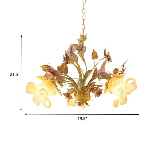 White Glass Chandelier With Flower And Leaf Decor For Countryside Charm - 3/6 Bulb Pendant Bedroom