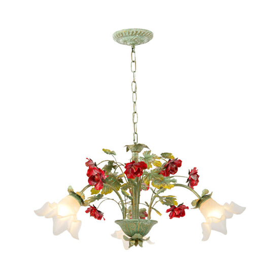 Pastoral Style Cream Glass Flower Chandelier With Green Spread And Multiple Head Options For Dining