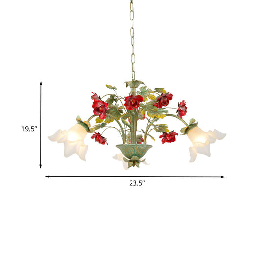 Pastoral Style Cream Glass Flower Chandelier With Green Spread And Multiple Head Options For Dining