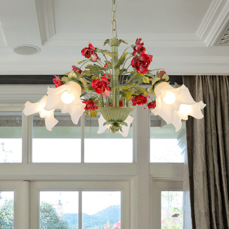 Pastoral Style Cream Glass Flower Chandelier With Green Spread And Multiple Head Options For Dining